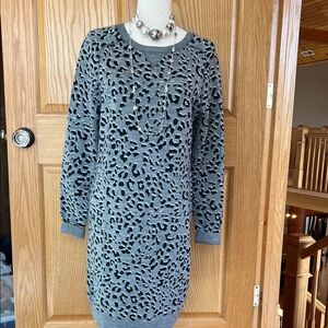 LOFT Gray and Black Leopard Print Long Sleeve Sweater Dress Size Medium